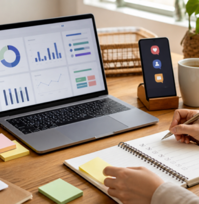 Small business owner reviewing a weekly marketing dashboard and lead follow-up checklist