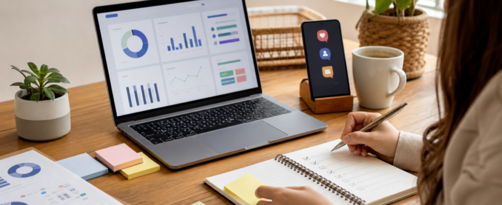 Small business owner reviewing a weekly marketing dashboard and lead follow-up checklist