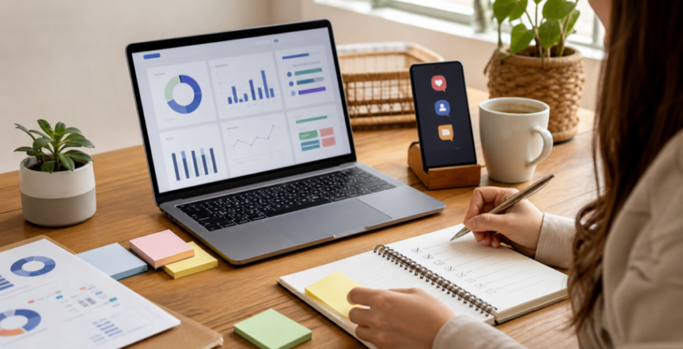 Small business owner reviewing a weekly marketing dashboard and lead follow-up checklist