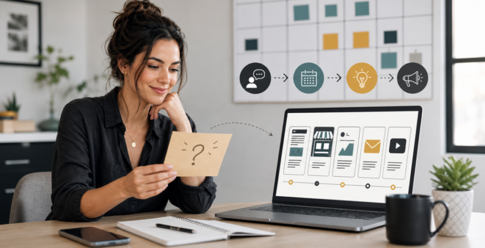 Small business owner turning one customer question into blog, social, email, Google Business Profile, and video content