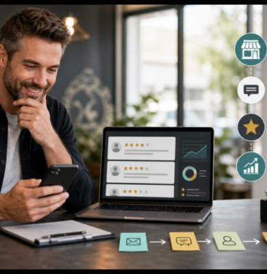 Small business owner using a review workflow dashboard to manage Google reviews, responses, follow-up, and local SEO signals