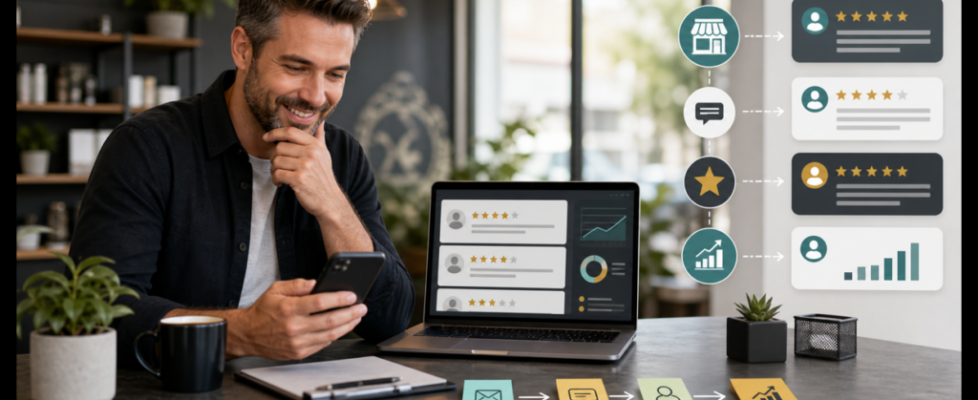 Small business owner using a review workflow dashboard to manage Google reviews, responses, follow-up, and local SEO signals