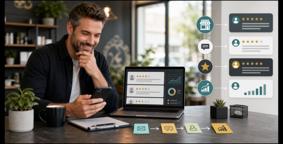 Small business owner using a review workflow dashboard to manage Google reviews, responses, follow-up, and local SEO signals