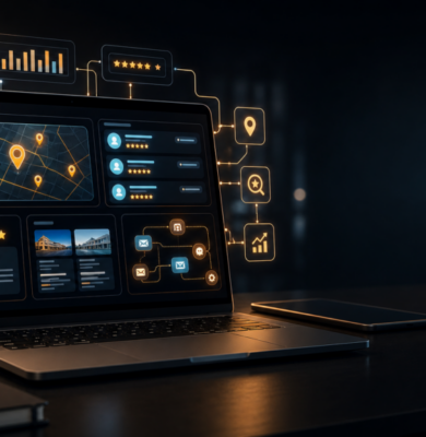 AI search and local marketing dashboard with website, map visibility, reviews and automation signals.