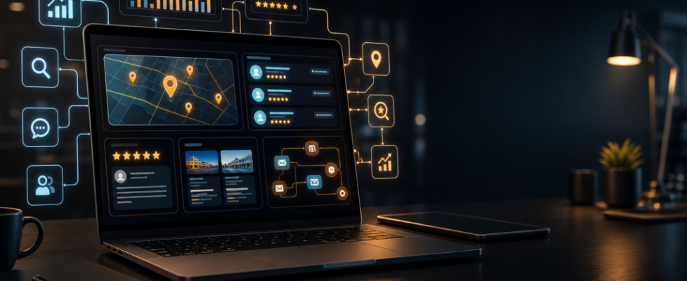 AI search and local marketing dashboard with website, map visibility, reviews and automation signals.