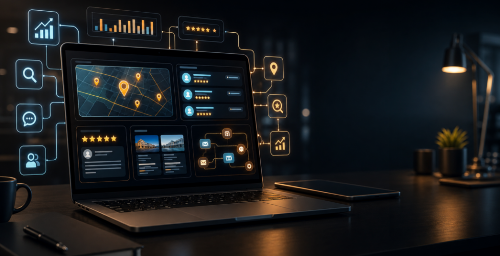 AI search and local marketing dashboard with website, map visibility, reviews and automation signals.