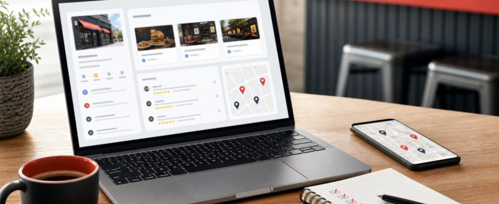 Small business Google Business Profile weekly checklist with local SEO dashboard and map pins