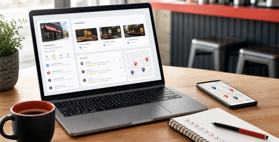 Small business Google Business Profile weekly checklist with local SEO dashboard and map pins