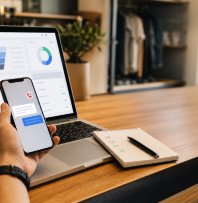 Laptop and phone showing a small business lead follow-up automation workflow