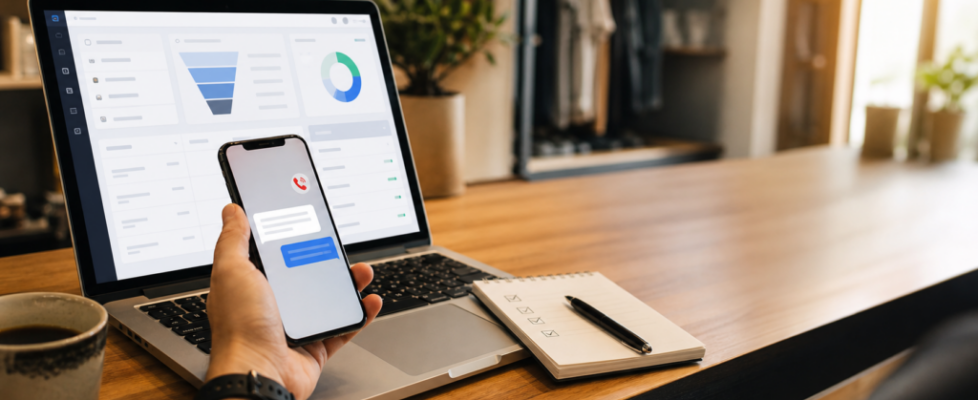 Laptop and phone showing a small business lead follow-up automation workflow
