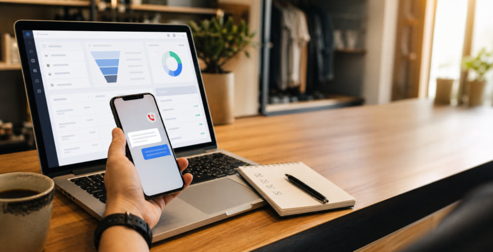 Laptop and phone showing a small business lead follow-up automation workflow
