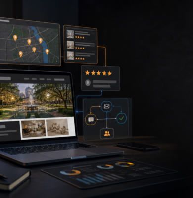 Local marketing system dashboard with website, map visibility, reviews, ads and automation.