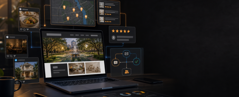 Local marketing system dashboard with website, map visibility, reviews, ads and automation.