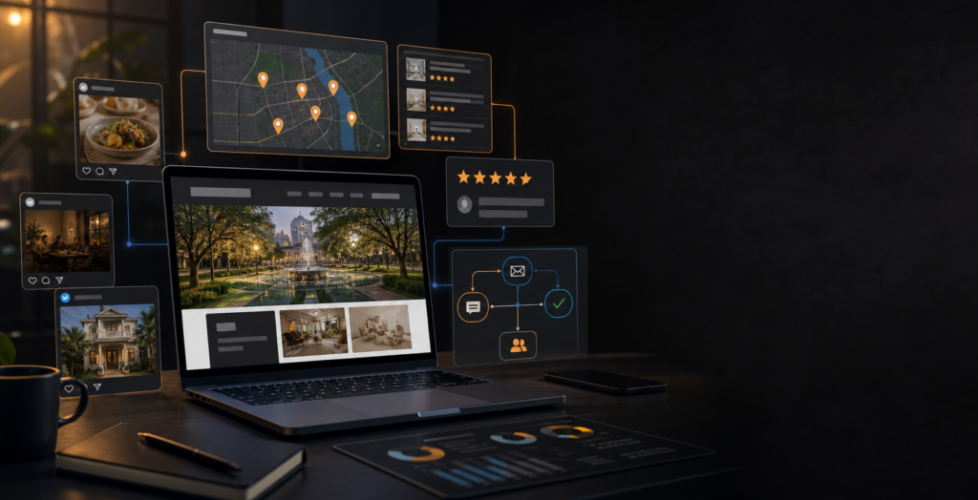 Local marketing system dashboard with website, map visibility, reviews, ads and automation.
