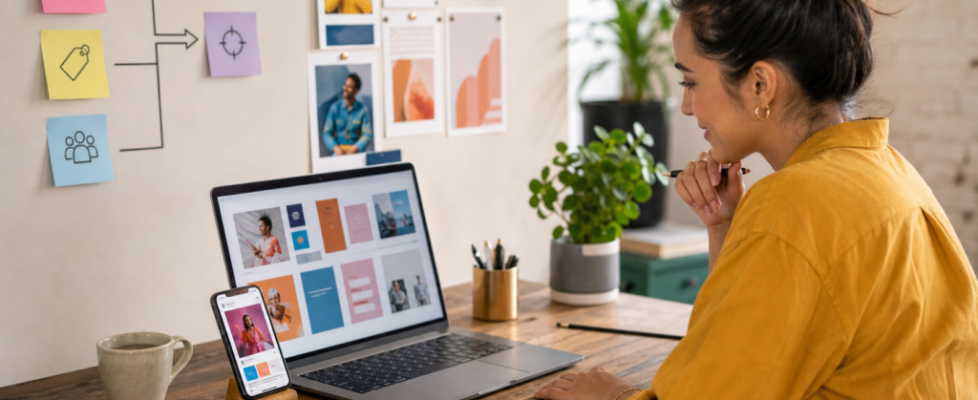 Small business owner reviewing Facebook and Instagram ad creative concepts on a laptop and phone.
