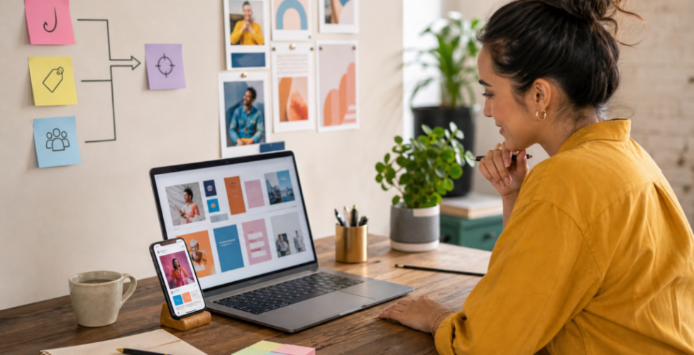 Small business owner reviewing Facebook and Instagram ad creative concepts on a laptop and phone.